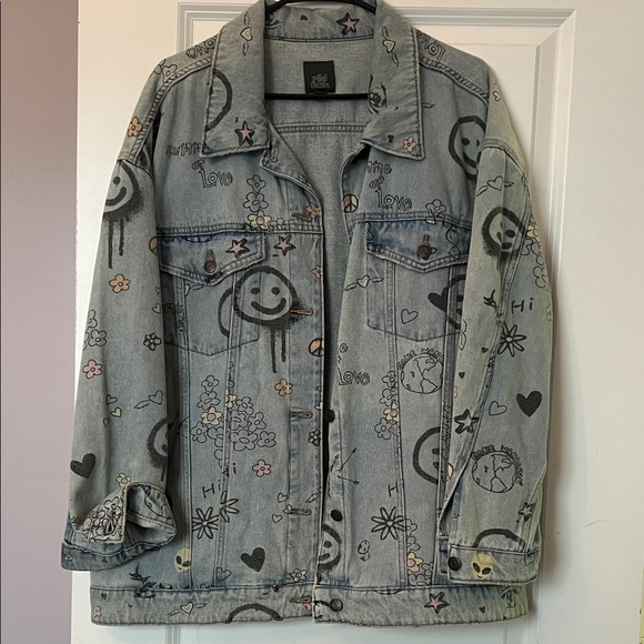wild fable Jackets & Blazers - Graphic Denim Jacket with Smiley Faces